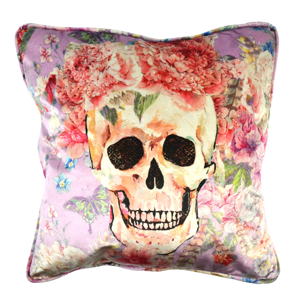 Walter Knabe Pillow 20" Velvet Skull Floral Magenta