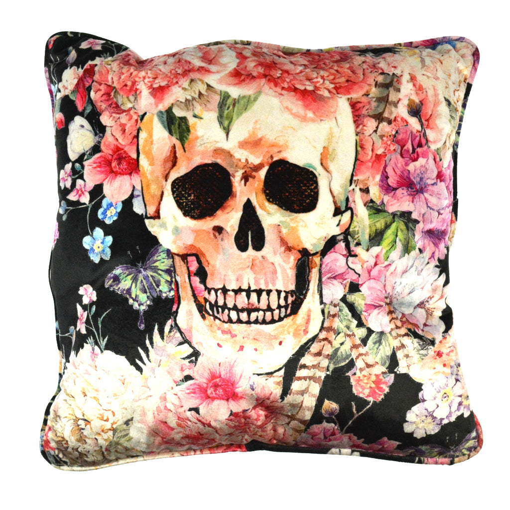 Walter Knabe Pillow 20" Velvet Skull Floral Black
